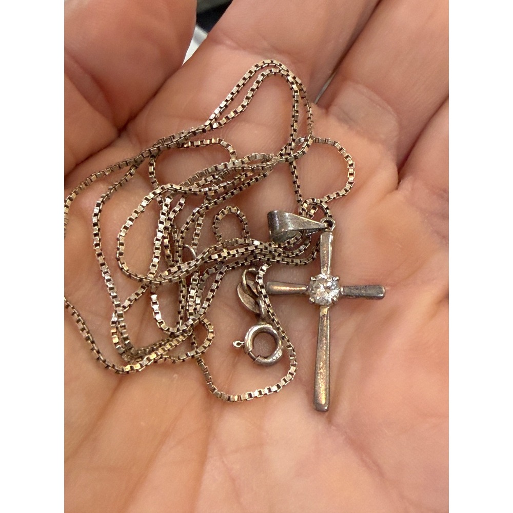 Vintage 925 Sterling Silver Cross Pendant Necklace Clear Stone Italian Chain